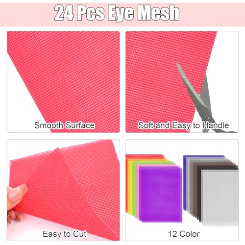24 Pack Eye Mesh, 12 Color Eye Mesh for Therian Mask, 7.87 x 5.91 Inch DIY Therian Mask Kit for Furries Cosplay, Props, Fursuits, Craft Making