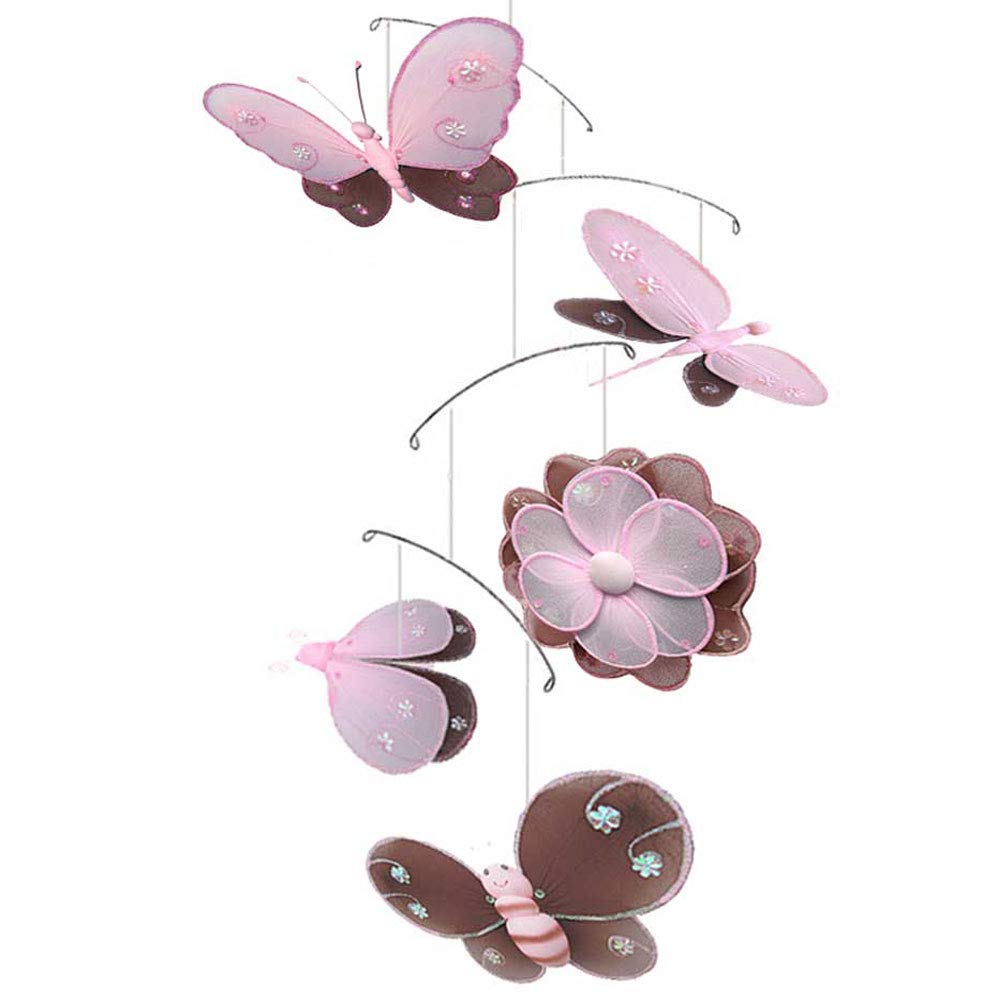 Bugs-n-Blooms Nursery Mobile Brown Pink Butterfly Dragonfly Ladybug Flower Bee Hailey Hanging Mesh Nylon Decorations - Decor for Girls Bedroom, Baby Nursery, Home, Crib, Playroom & Ceiling