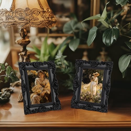 Image of eletecpro 4x6 Vintage Picture Frame with Real Glass Cover, Ornate Antique Photo Frame, Display 4x6 Picture for Tabletop or Wall Hanging Horizontal & Vertical, Black Home Decor for Gallery Art