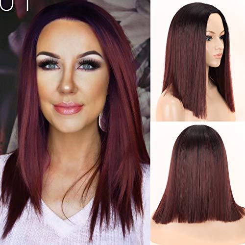 K'ryssma 99j Bob Wig with Black Roots Ombre Synthetic Wig Burgundy Short Bob Wigs for Women Heat Resistant Middle Parting