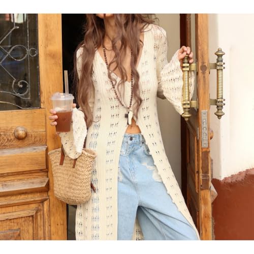 Women's Cardigans Dresses 2024 Fall Boho Maxi Hollow Out Designs Front Knitted Cover Ups Fashion Flowy Maxi Dress2