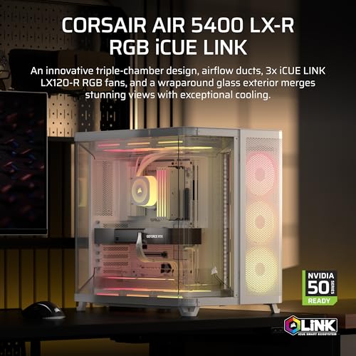 Image of CORSAIR AIR 5400 LX-R RGB iCUE Link Triple-Chamber Mid-Tower Panoramic PC Case - 3X Pre-Installed Reverse-Rotor LX-R RGB Fans, Low-Noise, High Airflow Ducts, Reverse Motherboard Support - White