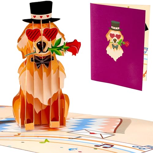 Liebessa 3D Pop UP Karte - Süßer Hund mit Rose - Schöne Grußkarte, Geschenkarte zum Geburtstag, Valentinstag, Jahrestag, Liebeserklärung, Verlobung, Hochzeit