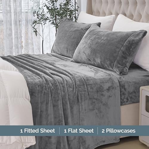 Elegant Comfort Luxuriously Soft 4-Piece Velvet Plush Flannel Sheet Set - Premium Quality - Cozy Warm, Anti-Static, Non Pilling Fuzzy Velvet Flannel Fleece Deep Pocket Sheet Set - Queen, Gray - Thumbnail 4