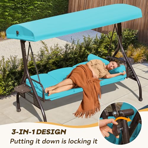 Image of 3 in 1 Outdoor Porch Swing with Adjustable Canopy, 3 Seat Outdoor Swing for Adults, Patio Swing Chair with Thickened Cushions,Pillows & Cup Holders for Backyard, Porch, Garden (Lake Blue)