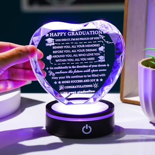 Image of YWHL Graduation Gift for Her Him 2026 with Colorful Led Base, High School College Graduation Gifts for Women Men, Congratulations Graduate Plaque Crystal Keepsake Masters Degree PHD Graduation Gifts Decor
