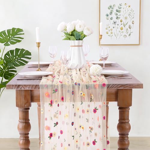 Beige Tischläufer mit Bestickten Gänseblümchen Transparenter Mesh Table Runner für Hochzeit Party Landhaus 70x300 cm Aprikose