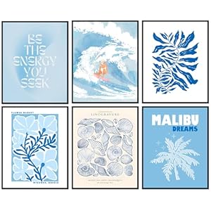 Blue Coastal Cowgirl Wall Decor 8×10 Inches Set of 6 UNFRAMED Posters Prints Aesthetic Flower Market Summer Beach Room Wall Decor Ocean Surfboard Neutral Wall Art Abstract Beachy Wall Art Beach Surf W