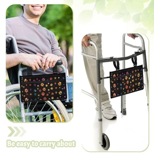 Gomyblomy Dog Paw Print Wheelchair Side Bag, Walker Pouch Bag with Cup Holder, Wheelchair Armrest Accessories for Walker, Rollator, Electric Scooter Wheelchair, Easy to Install