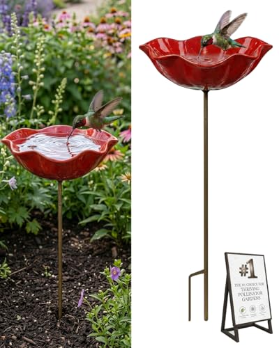 Handmade Metal Flower Garden Stakes Bird Bath Bee Watering Station for Garden Outside Pollinators Birdbaths Bowl for Decorative Outdoors Yard Art Hummingbird Fountain Butterfly Water Feeder Gift(1pc)