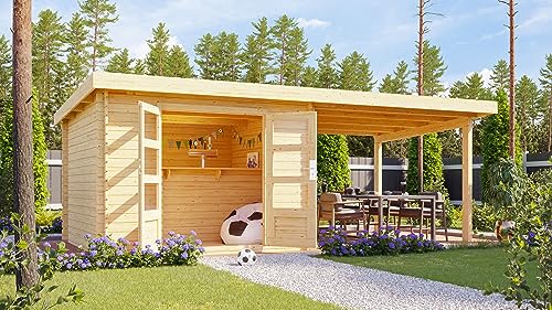 Chillroi® Karibu Gartenhaus San Antonio mit Anbaudach beidseitig anbringbar und Fußboden im Set Holzhaus Geräteschuppen Gartenlaube (Natur)