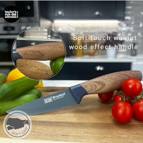 Taylors Eye Witness 5pc Walnut Look Presentation Knife Set - Brooklyn Anti-Bacterial Non Stick Blue Blades. Paring, All-Purpose, Chefs, Serrated Bread & Carving Knife with Bonus Knife Sharpener - Image 6