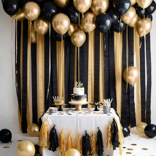 Image of 4 Gold Black Crepe Paper Streamers, 328ft Pack of Party Decorations | Each roll is 82 ft long and 1.8 Inch wide ideal for Birthday Party Decor, Wedding Decorations and Themed Parties