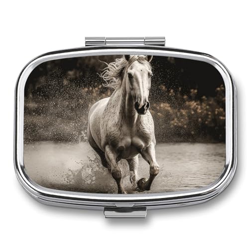 Portable Pill Organizer Horse Running by The Water Small Pill Box 2 Compartment Medicine Vitamin Organizer Travel Medicine Organizer with Mirror & Button Closure Cute Medication Case for Purse