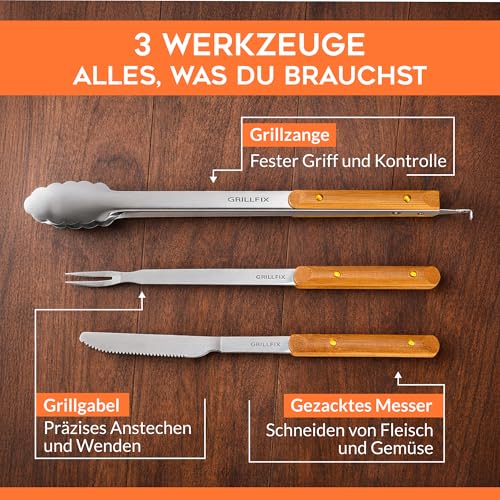 GRILLFIX BBQ Grillbesteck Set 3-teilig – Grillzange Edelstahl 38 cm mit Holzgriff, Grillmesser & Fleischgabel, extra Lange Küchenzange Kochzange für Grill, Küche, Papa Geschenk Vatertag 5