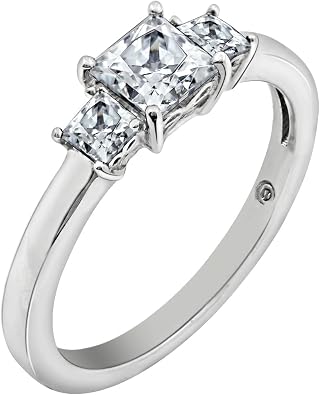 Amazon Essentials Platinum or Gold Plated Sterling Silver Princess-Cut 3-Stone Ring made with Infinite Elements Zirconia