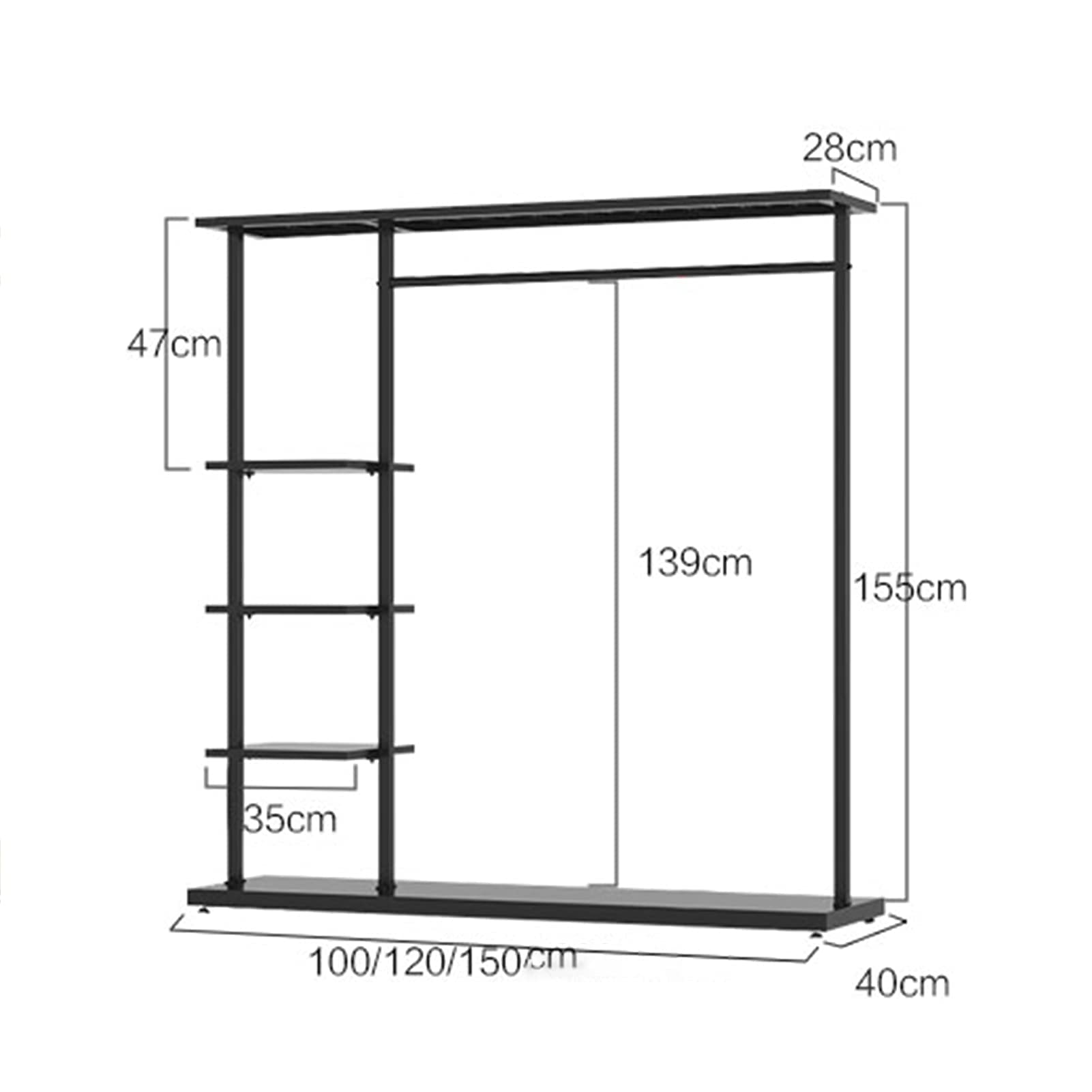 Kleiderständer Modernes schwarzes Schmiedeeisen, bodenstehender Kleiderständer mit 4-stöckigem Ablagefach und Kleiderstange, einfacher Kleiderschrank für Schlafzimmer, 3 Größen (Size : 150x40x155CM)