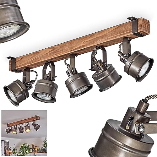 Lámpara de techo Pehefito, lámpara de techo de madera/metal en marrón/negro, lámpara de techo de diseño industrial con vigas de madera y pantallas ajustables, 5 x GU10, sin bombillas
