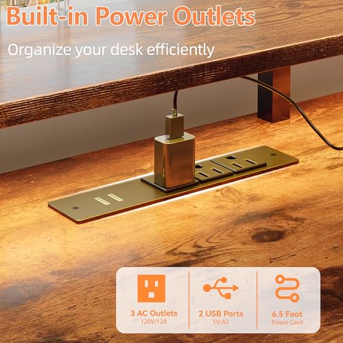 Image of Furologee 51 inch Computer Desk with Power Outlet and LED Lights, Reversible Home Office Desk with File Cabinet & Monitor Stand, Large Gaming Table with Storage Shelves & Drawer, Rustic Brown