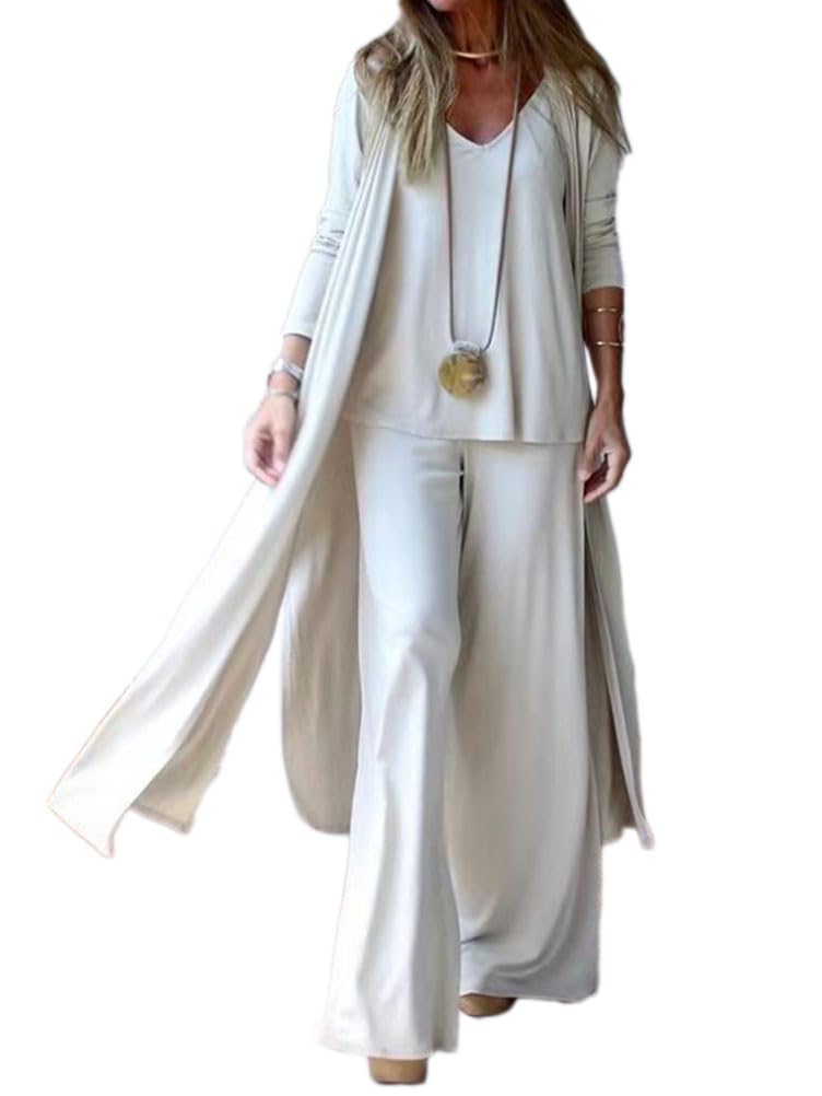 shownicer 3 Pièces Pantalon Combinaisons Femme Mode Chemise à sans Manches Taille Haute Large Jambe Pantalon Long Cardigan Manteau Ensemble