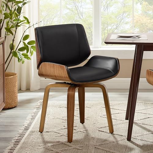 Zouron Silla de Oficina giratoria 360°, Silla de Comedor de una Sola Pieza, tapizado de Cuero Suave (con Patas de Madera), Estilo Moderno de Mediados de Siglo, Color Negro.