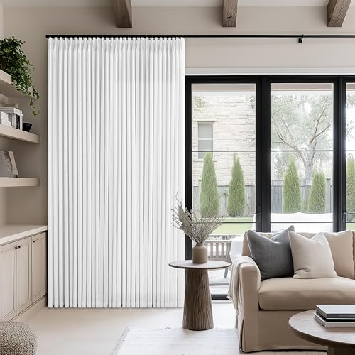 Image of Extra Wide 102 Inch Long Curtains 100 Inch Wide Pinch Pleat White 1 Panel | Textured Linen, for Living Room Bedroom, Light Filtering, Privacy, Pleated Drapes, Hooks Rings, Back Tab, Sliding Door