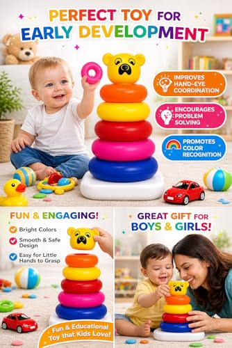 Image of Pyramid Ring Stacking Toy for Babies with Bear Topper | Colorful Rainbow Rings | Educational Learning Toy for Kids 1-3 Years | Includes 1 Stacking Base, Rings, 1 Bear Topper (Multicolor, 5 Ring)