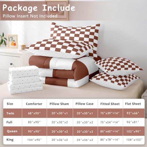 Image of Feelyou Checkered 7 Piece Bedding Set Teen Coffee Brown White Plaid Comforter Set with Sheets Twin Size Kids Boys Cute Retro Neutral Checkerboard Geometric Bed in a Bag Vintage Aesthetic Room Decor