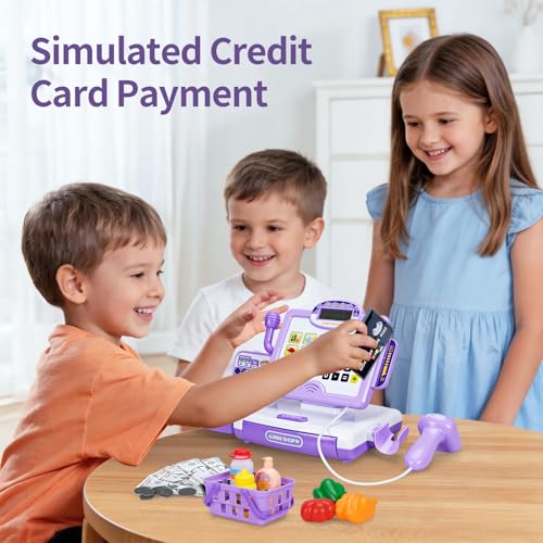 Image of FS Pretend Play Cash Register Toy Preschool Gift for Kids, Classic Count Toy with Sound, Microphone, Scanner, Credit Card, Play Food for Boys & Girls, 57 Pieces Play Set, Ages 3 4 5 6 7, Purple