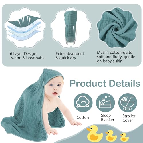 Image of Peryiter Muslin Hooded Baby Towels,32 inchx 32 inch Cotton Newborn Bath Towel Muslin Infant Baby Blankets Absorbent Unisex Newborn Registry Gift for Girls Boys(Teal)