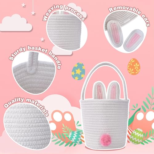 Image of Easter Baskets for Kids Woven Bunny Basket with Handle Egg Hunting Easter Bucket for Boys and Girls