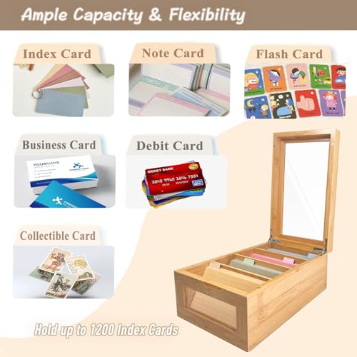 Homie Finds Bamboo Index Card Box Set - 3x5 Index Card Holder with Dividers and Morandi Cards - Wood Recipe Box with Lid (Holds 1200 Cards) — view 5
