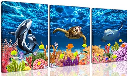 CGXART Bathroom Decor Wall-Art - Sea Turtle Decor - Blue Wall Art for Living Room Killer Whale Mobula Colorful Fish Coral Beach Theme Pictures on Canvas Framed Size 12x16 Inches x3 Pieces