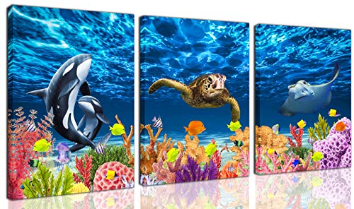 Cgxart Bathroom Decor Wall-Art - Sea Turtle Decor - Blue Wall Art For Living Room Killer Whale Mobula Colorful Fish Coral Beach Theme Pictures On Canvas Framed Size 12X16 Inches X3 Pieces #TOP12