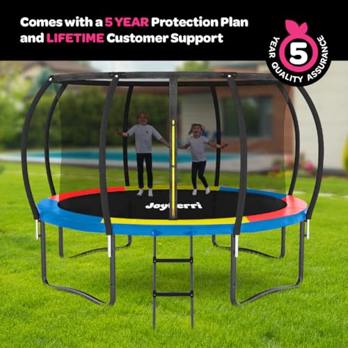 Image of JoyBerri Upsurge Trampoline Outdoor - ASTM Certified Safe 8Ft 10Ft 12Ft 14Ft 15Ft 16Ft Recreational Trampoline for Kids and Adults. Anti-Rust Coating with Enclosure Net, Ladder, Sprinkler & LED Lights