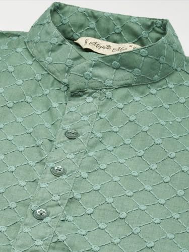 Image of Majestic Man Men's Cotton Blend Regular Fit Casual Polyester Mandarin Collar Ethnic Motifs Embroidered Long Regular Kurta