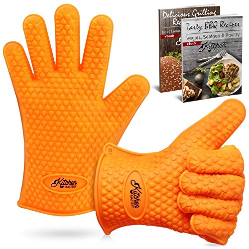 Kitchen Mastery Heat Resistant Silicone Barbecue Gloves for Grilling, Smoking, Cooking or Baking/Best as Pot Holder, Grill Tool or Oven Mitts