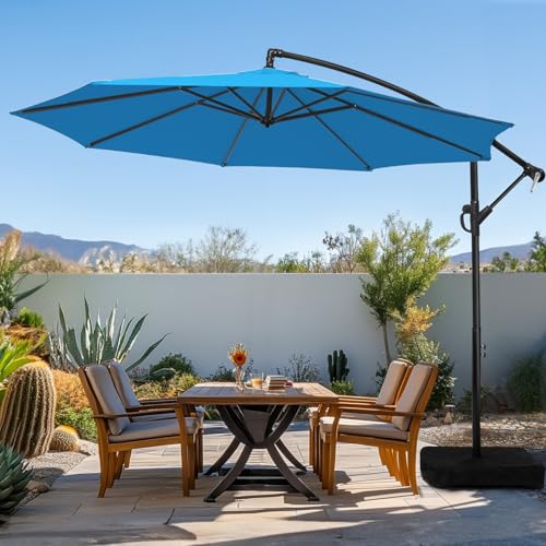 wikiwiki 10ft Patio Umbrella with Base Included Outdoor Offset Cantilever Umbrella with Sandbag Base for Backyard Garden and Pool Easy to Tilt and Crank Royal Blue