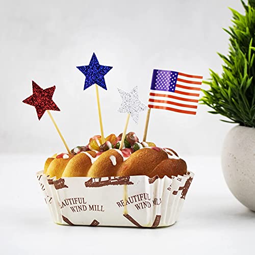 130Pcs American Flags Cupcake Toppers Glitter Star Cupcake Picks Decoration For Independence Day 4Th Of July Usa Patriotic Party #TOP7
