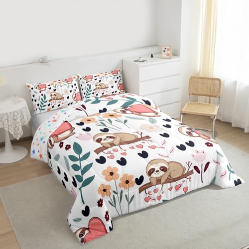 Image of Feelyou Sloth Comforter Set Queen Size, Sloth and Flowers Bedding Set for Kids Toddler Botanical Plant Bedding Set Kawaii Animal Duvet Set Durable Quilt Set