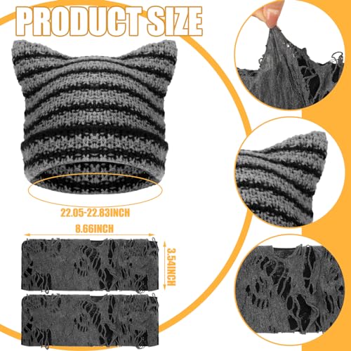 Quelay 22 Pcs Y2k Grunge Knitted Cat Beanie with Fairy Grunge Ripped Glove Earrings Necklace Rings Set Devil Horn Grunge Accessories Slouchy Hat Crochet Beanie with Ears (Black) - Thumbnail 2