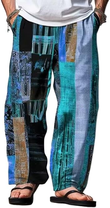 Men's Boho Style Patchwork Pants – Color Block Straight-Leg Trousers with Drawstring Waist for Casual Outdoor Wear