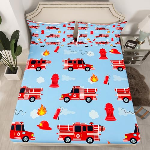 Homewish Drap Housse 90x190 Enfant Camion de Pompier Rouge, Drap-Housse 1 Personne Garçon Camion...