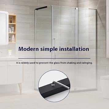 Fixed Glass Shower Panel Glass to Wall Support Bar, Frameless Shower Glass Clamp L Shape Stabilizer Mounting Bracket, No-Drill-in-Glass (Black, Right)