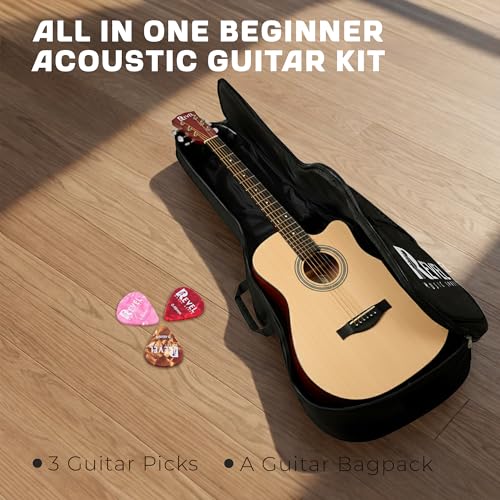 Image of Revel 38 Inch Acoustic Guitar Cutaway Wooden Guitar with High-Gloss Finish, Steel Strings, Smooth Tuning Pegs, Includes Carry Bag, Picks & String Winder | Acoustic Guitar for Beginners.(SUN BURST)