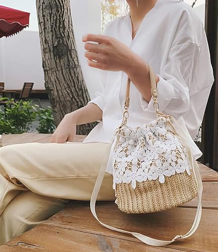 Bolso de paja tejido para mujer estilo cubo miniatura 3