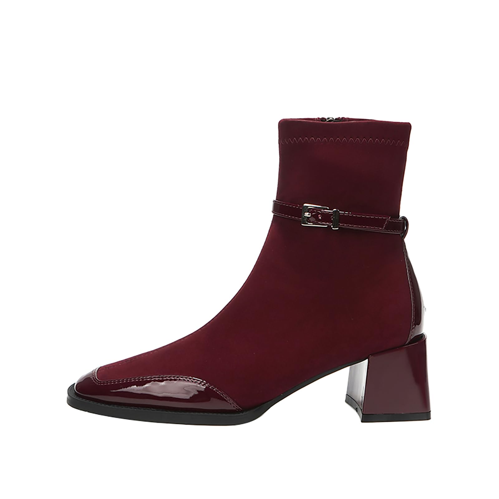 Womens Chunky Heel Suede Ankle boots with Buckle Comfortable Side Zipper Square Toe Chunky Block Heel Fall Chelsea