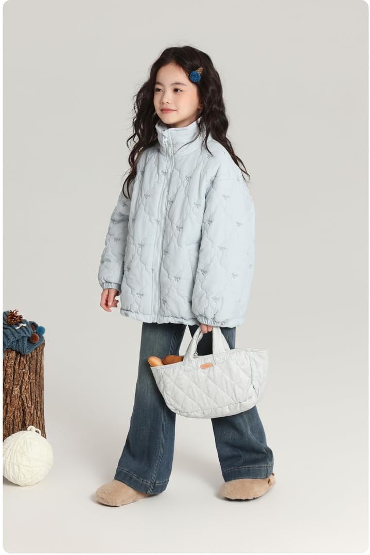 [CAIXINGYI] 中綿ジャケット 子供服 キッズ 女の子 ダウンコート アウター 立ち襟 ショート丈 リボン 刺繍 綿入れ 厚