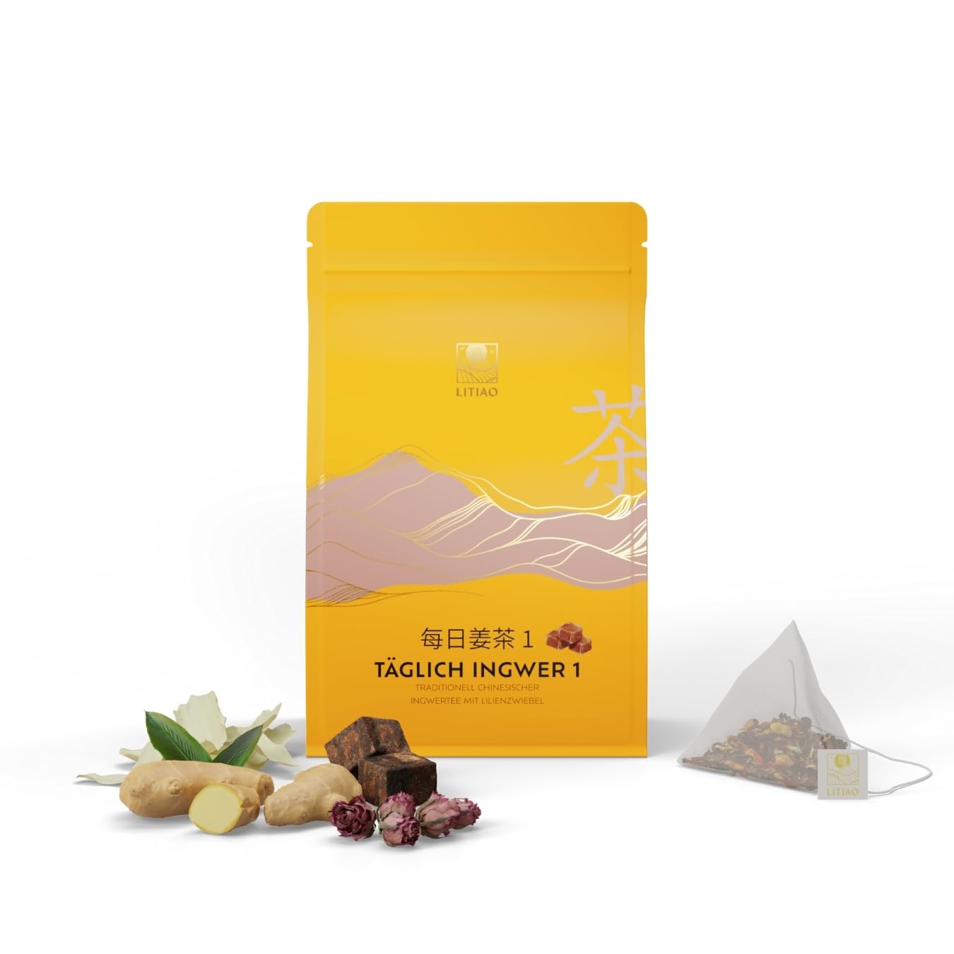 LITIAO TÄGLICH INGWER 1 - Traditionell Chinesischer Ingwertee mit Jasmin- und Rosenblüten | 60 Pyramidenteebeutel | Koffeinfrei | 3 Packungen