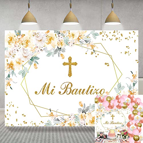Mi Bautizo Toile de Fond Mexicain Baptême Fête Photo Fond Dieu Bénisse Fille Première Sainte Communion Jaune Fleur Décorer Bannière Nouveau-Né Bébé Douche Fournitures 2,1 x 1,5 m Cover